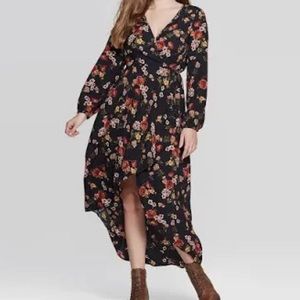 2 dresses—Xhilaration Floral Long Sleeve Deep V-Neck High Low Wrap dores